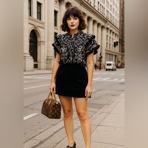 NWT THML Black and White Flutter Sleeve Print Top Blouse size L